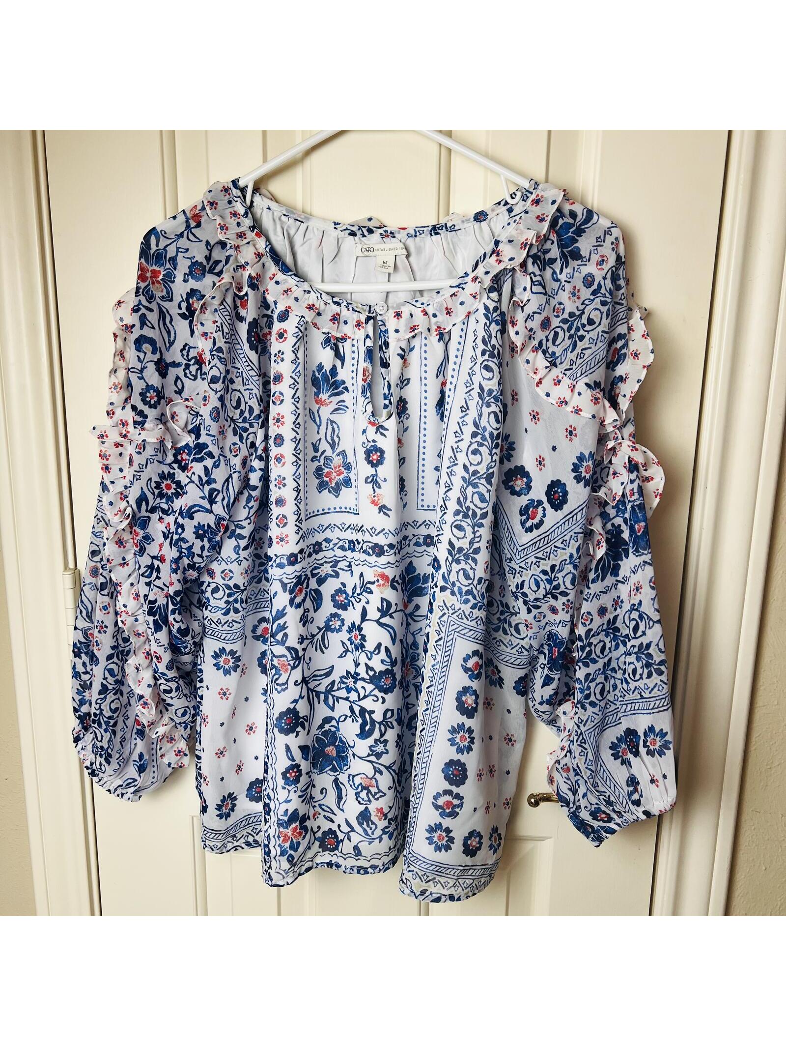 Boho, Cottagecore Cato White/Blue Floral/Paisley Print Womens Medium Blouse